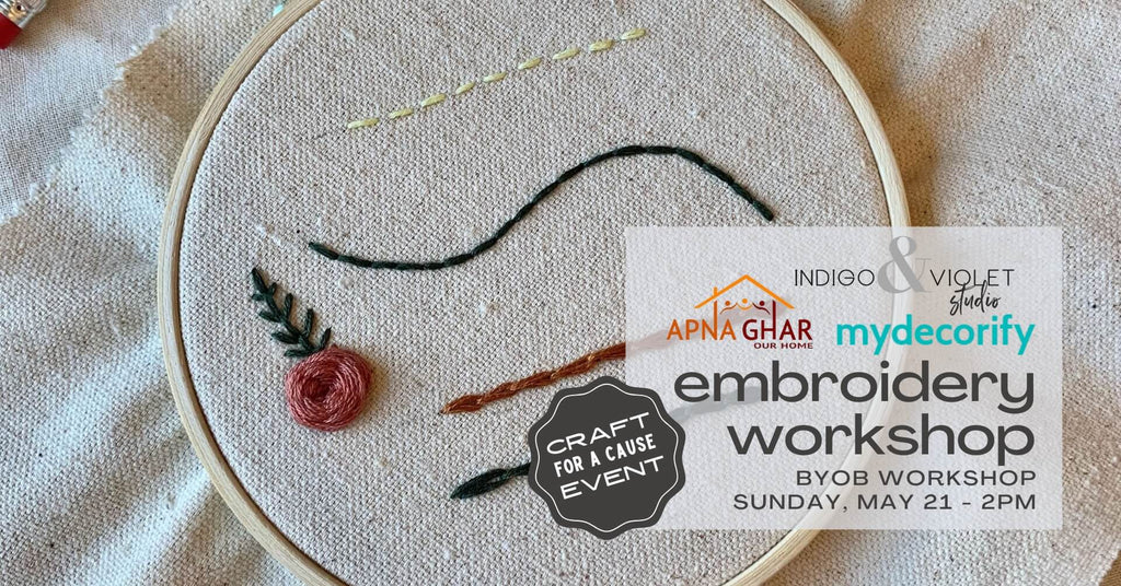 intro embroidery workshop hosted by mydecorify at indigo and violet studio on sunday may 21 at 2pm