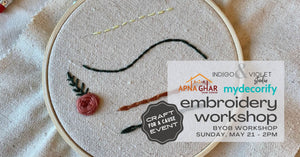 intro embroidery workshop hosted by mydecorify at indigo and violet studio on sunday may 21 at 2pm