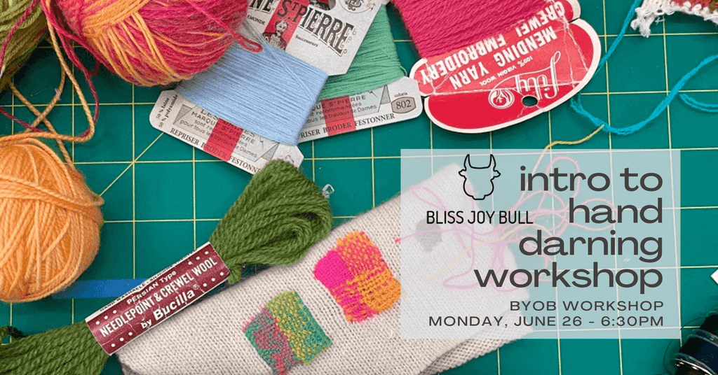 intro to hand darning workshop - taught by bliss joy bull - byob workshop monday june 26 6:30pm at indigo & violet studio - darning thread and sample stitches in background