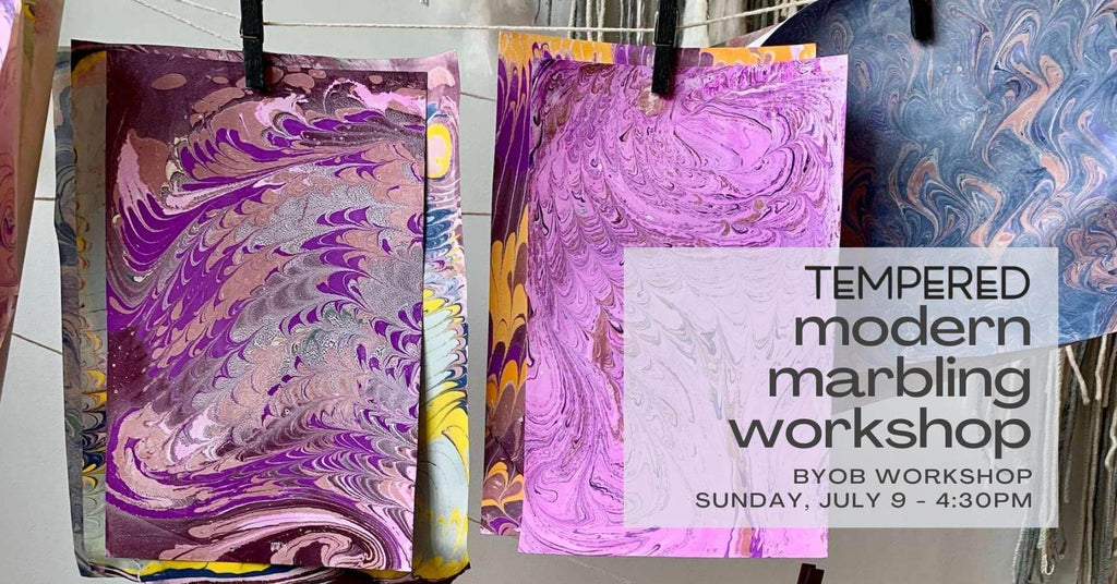 modern marbling workshop - byob workshop at indigo and violet studio by tempered east - sunday july 9 at 4:30pm - four sheets of colorful marbled papers in the background