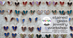 stained glass heart jewelry workshop on wednesday january 31 at 6:30pm at indigo and violet studio taught by artist molly brodzeller