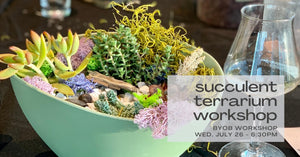 green planters with a variety of succulents, rocks, and moss in photo in background - text in foreground reads succulent terrarium workshop byob workshop wednesday july 26 - 630pm at indigo and violet studio