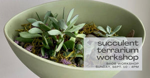 green planters with a variety of succulents, rocks, and moss in photo in background - text in foreground reads succulent terrarium workshop byob workshop sunday september 10 - 4pm at indigo and violet studio