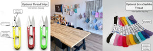 three photos - thread snips, interior photo of indigo & violet studio, and exta sashiko thread in rainbow of colors