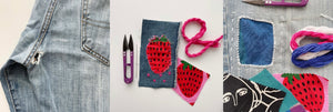 three additional photos of denim mending and repair- blue jeans, pink, thread, and strawberry patterned patches