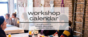 text- workshop calendar - byob workshops at indigo & violet studio 1411 w. irving park rd. image-brick wall and women sitting at tables with mimosas