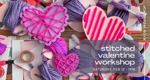 stitched valentine workshop - february 12 - byob craft workshop - pink and purple hearts with yarn laced