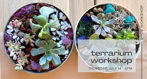 byob terrarium workshop july 14 at 6pm - black text on background of two round bowls with green plants and purple and blue moss