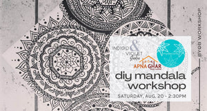 text reads - diy mandala workshop saturday august 20 at 2:30pm - logos for indigo and violet studio, apna ghar, and mydecorify