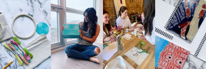 images of embroidery floss materials - hoop, fabric, sample floss - nithya holding a craft kit box - workshop attendees learning how to stitch in previous event - notebooks with south asian-inspired covers