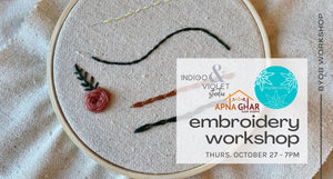 embroidery workshop - october 27 - chicago at indigo and violet studio + mydecorify + apna ghar logos