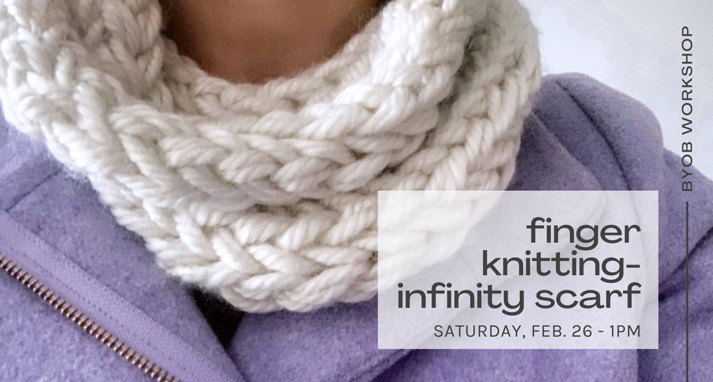 infinity scarf-finger knitting workshop february 26 - BYOB activity - white scarf on lavender jacket