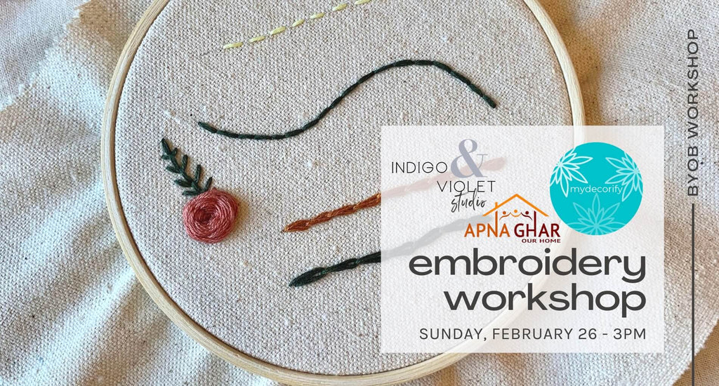 embroidery workshop - february 26 - chicago at indigo and violet studio + mydecorify + apna ghar logos