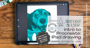 photo of ipad with teal dog on white background on ipad screen-text reads intro to Procreate: ipad drawing - byob workshop Sunday October 16