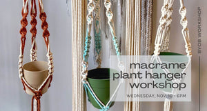 macrame plant hanger workshop in black text - byob workshop-november 10-rust, white and mint macrame wall hanging samples in background