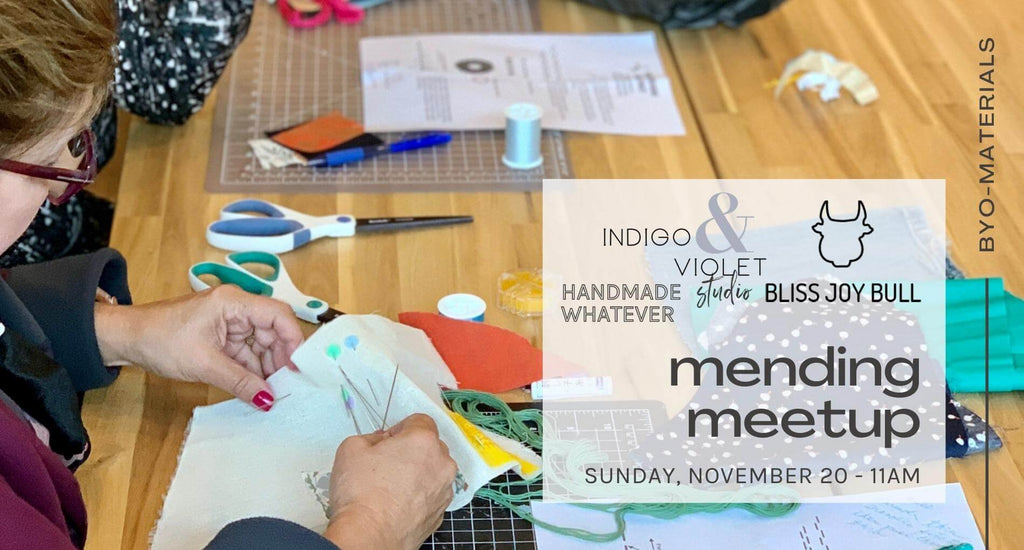text reads mending sunday, november 20 at 11am - byo materials and stitch with bliss joy bull and handmade whatever at indigo & violet studio