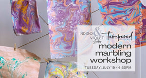 modern marbling workshop - byob workshop at indigo and violet studio by tempered chicago - tuesday july 19 at 6:30pm - purple and orange marbled papers in the background