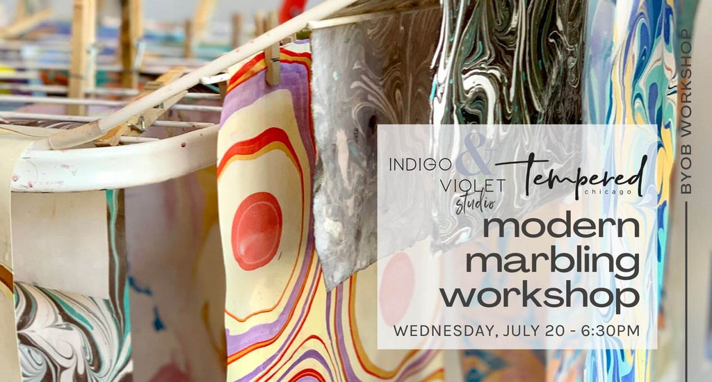 modern marbling workshop - byob workshop at indigo and violet studio by tempered chicago - wednesday july 20 at 6:30pm - four sheets of colorful marbled papers in the background