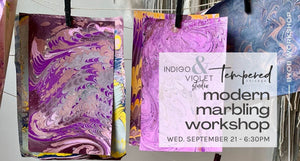 modern marbling workshop - byob workshop at indigo and violet studio by tempered chicago - wednesday september 21 at 6:30pm - four sheets of colorful marbled papers in the background