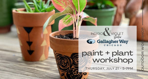 text reads indigo & violet studio + gallagher way chicago - paint + plant workshop outdoors - july 21- 5-7pm - background photo of green plants in terracotta planter with black roses and triangles painted