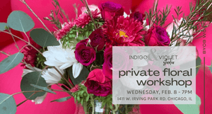 text reads - indigo & violet studio private flloral workshop on wednesday february 8 - byob workshop - background image pink and magenta florals in front of bright pink balloons