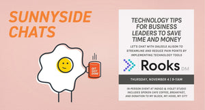 Sunnyside Chats in orange on pink background - animated egg - text reads technology tips for business leaders to save time and money - thursday november 4