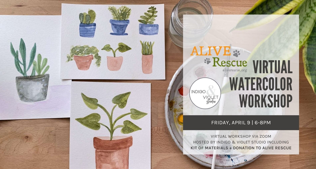 Indigo & Violet Studio - Alive Rescue - Virtual Watercolor Workshop + Craft Kit-April 9- watercolor plants + palette on wood background 