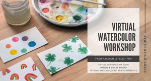 indigo & violet studio-virtual watercolor workshop March 12 - paintings of clovers and rainbows and paint palette