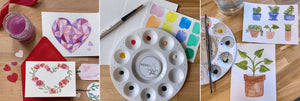 indigo & violet studio - virtual watercolor painting workshop - watercolor kit+painting examples valentines-plants