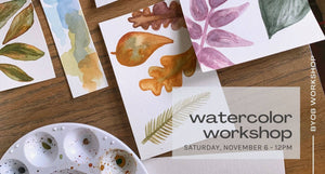 fall leaves watercolor painting and color swatches on wooden table - byob workshop november 6