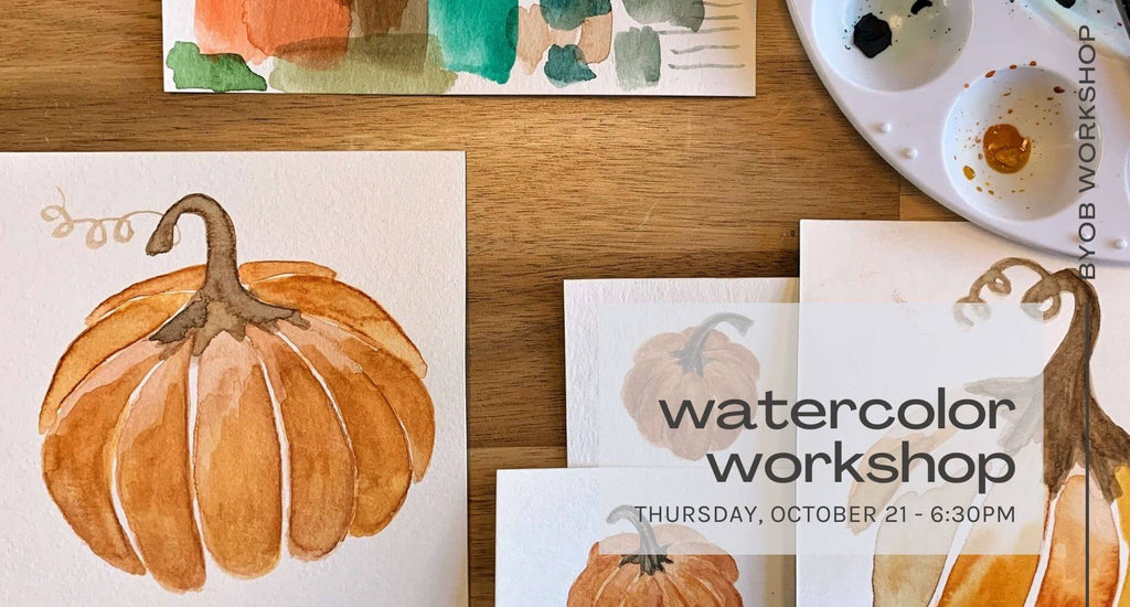 watercolor workshop - october 21 - pumpkin paintings on wooden table - byob workshop
