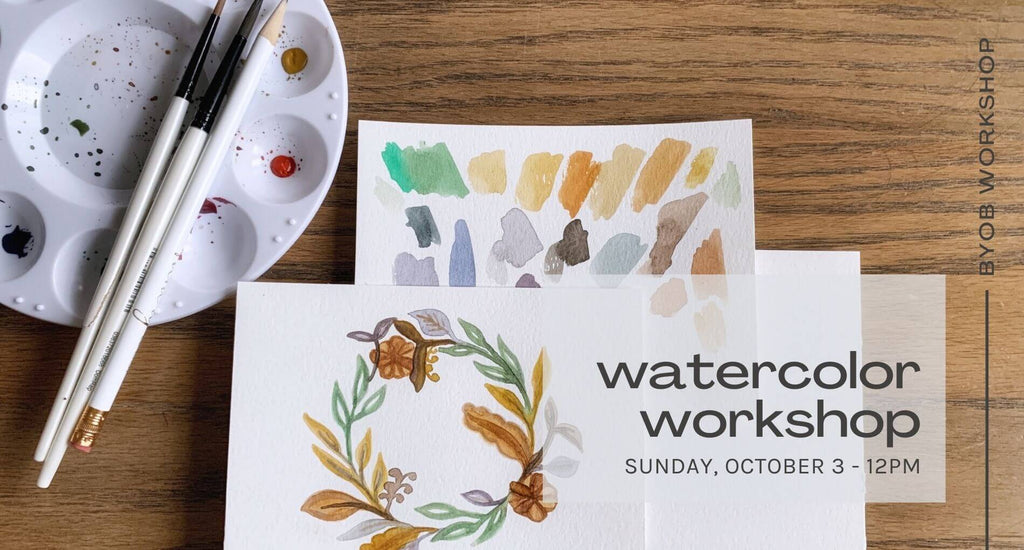 fall wreath watercolor painting and color swatches on wooden table - byob workshop october 3