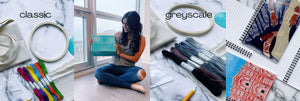 images of embroidery floss colors - greyscale and classic colors - nithya holding a craft kit box - notebooks